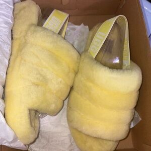 UGG Yellow Plush Slide Sandals with Branded Elastic Heel